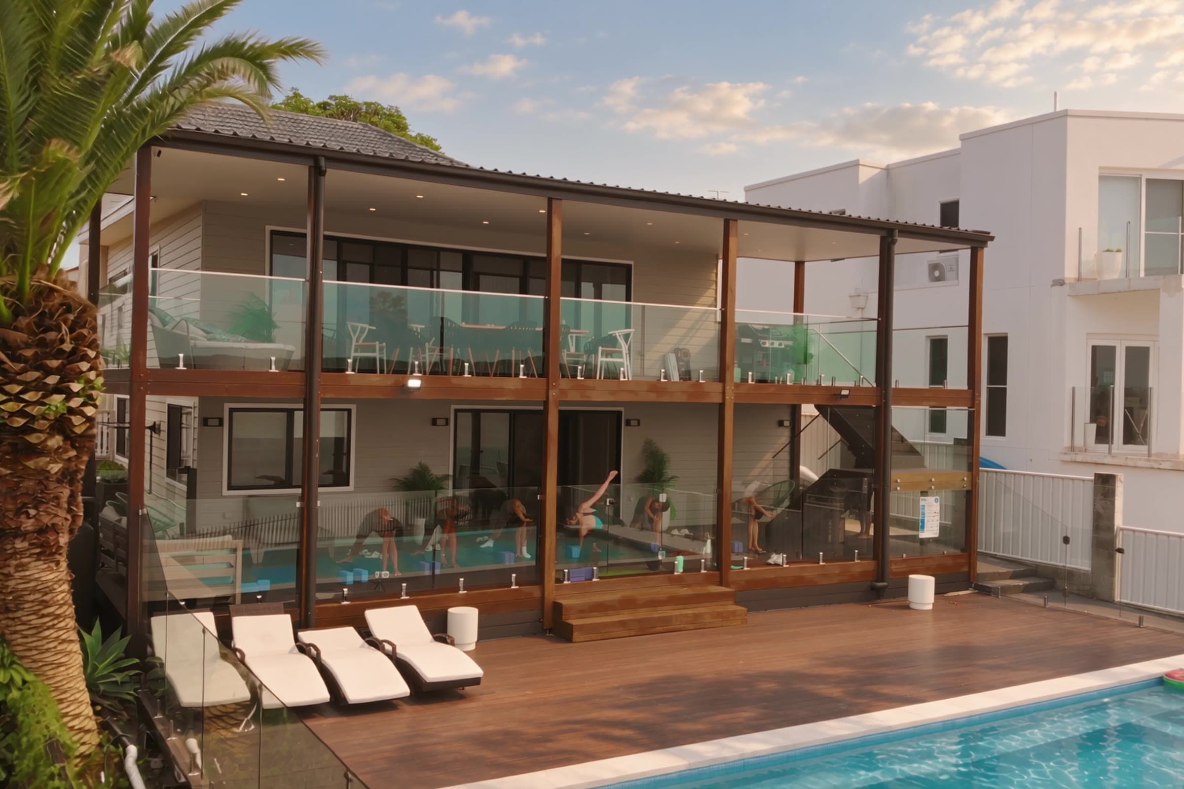Infinity on Moss at golden hour, a morning yoga class running on the lower deck with the pool and loungers in the foreground